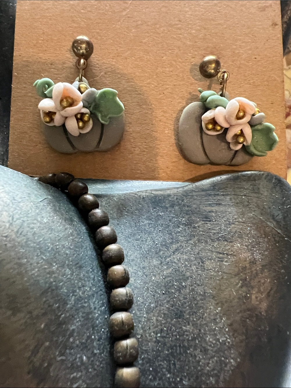 Polymer clay Hand Crafted Gray Floral Drop Earrings with Pink and Mint Accents